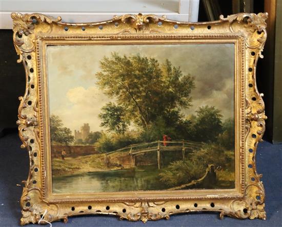 Norwich School Figures on a wooden bridge in a landscape, a castle beyond 14 x 17.25in.
